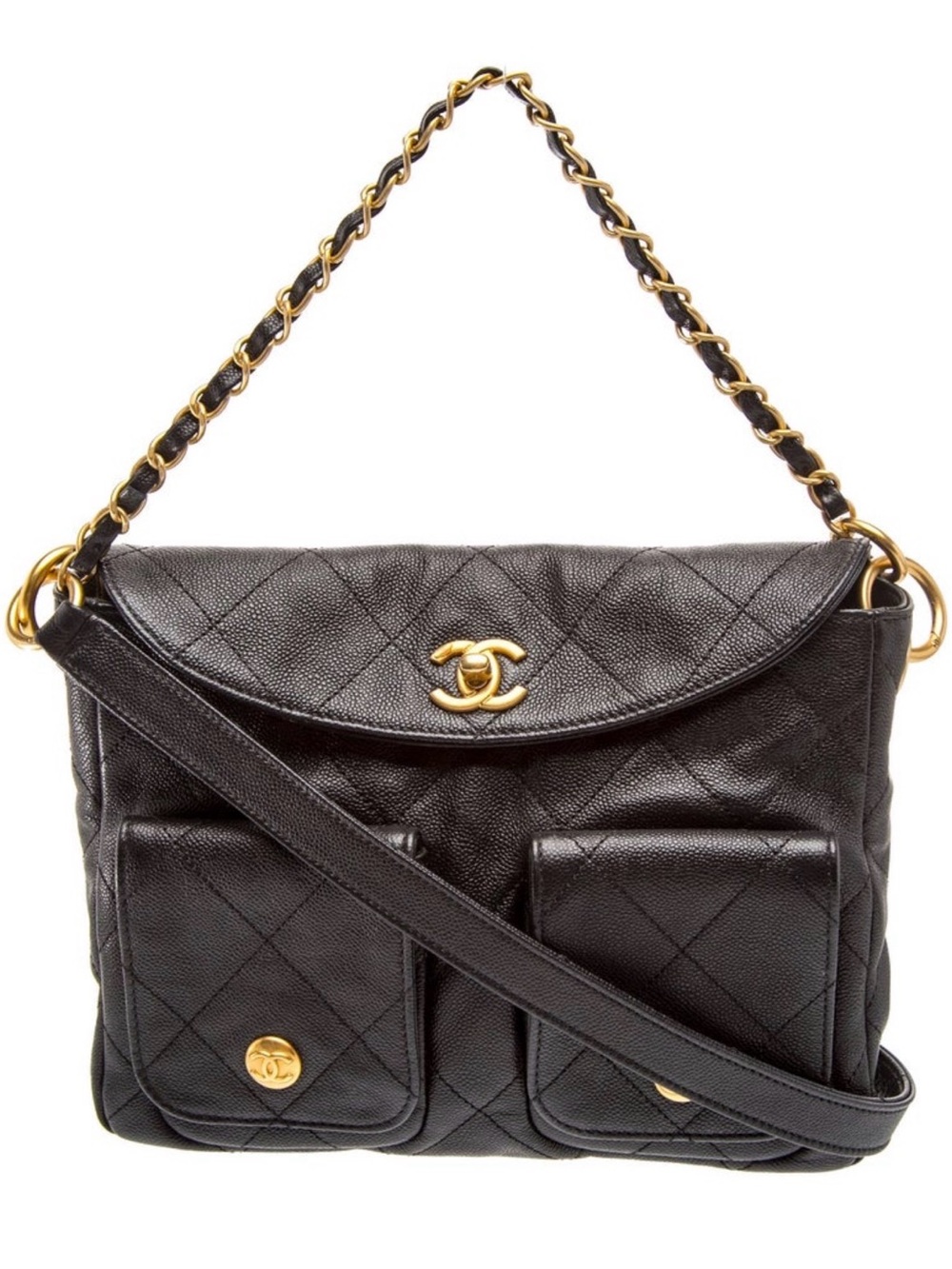 CHANEL Black Quilted Leather Shoulder Bag with Gold Chain Trim